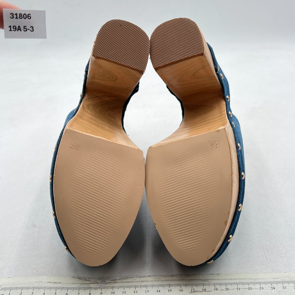 FSJ Blue Denim Round Toe Mules High Chunky Heel Slip On Platform Wooden Sandal - Picture 7 of 8
